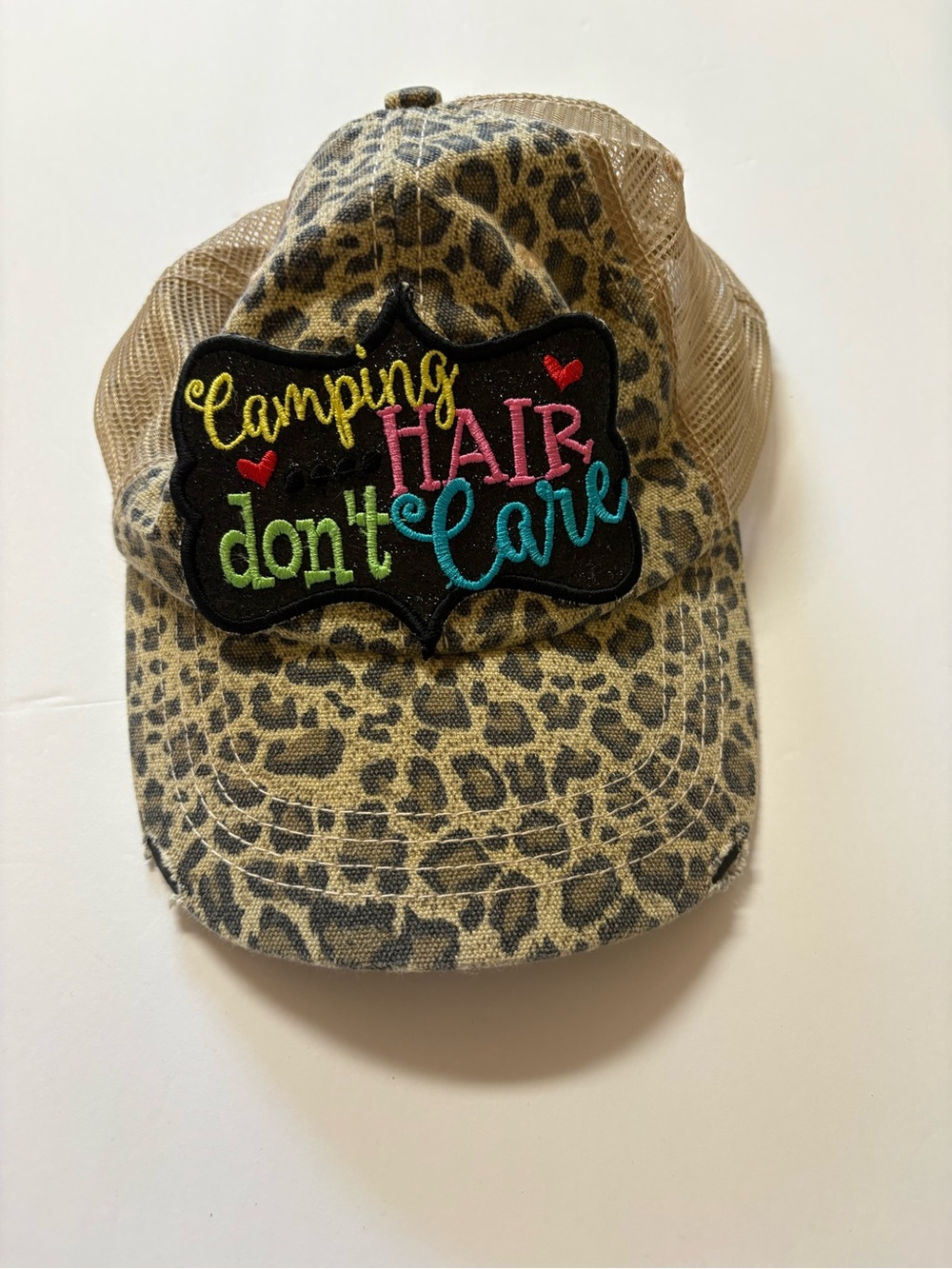 Leopard Print Trucker Hat - "Camping Hair Don't Care" Patch - leopard background